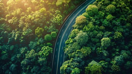 Earth's roadmap to sustainability, green energy pathways, aerial view of lush forest and winding road