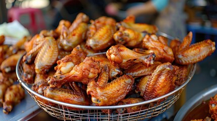 Chicken wings fried and available for purchase at Labuan night market