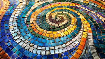 Fototapeta premium Colorful mosaic floor tiles in a spiral pattern.
