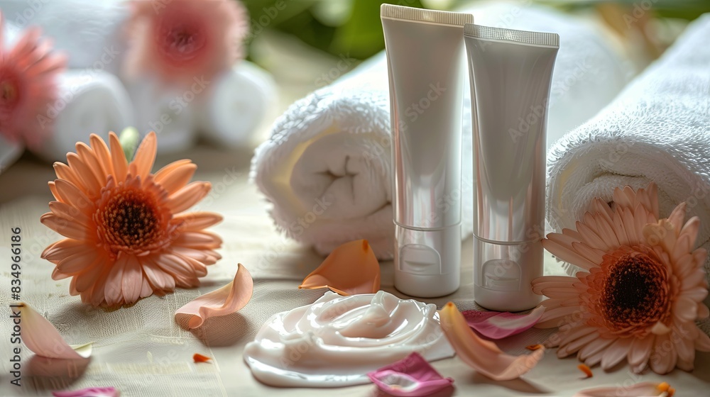 Aufkleber two tubes of hand and foot cream are displayed on a background of soft towels and delicate flower pe
