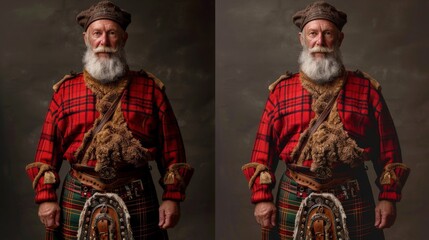 Fototapeta premium On the left, a photo of a man in a red jacket and kilt, with a beard and a hat