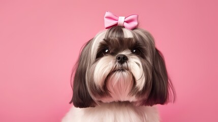 cute shih tzu puppy on a pink isolated background