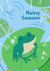 Fototapeta premium Rainy season illustration poster. A frog is enjoying rain drops on a lotus leaf. Cartoon style vector template. 
