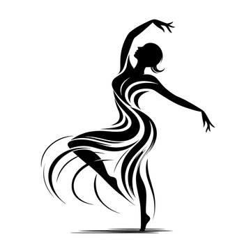 recommend clip art: A black and white silhouette of dancing woman, minimalist stroke lines, vector-style