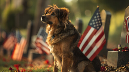 A loyal canine companion sitting beside a grave adorned with American flags, paying tribute to fallen heroes on Memorial Day.
