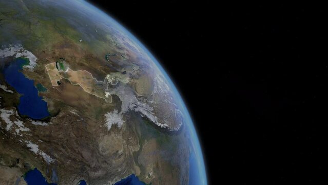 Fly Zoom into Uzbekistan through space to see the country map region from above from space. Detailed map Showing area, HD and 4K. Animation.