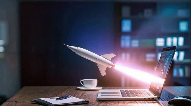 Rocket coming out of computer (laptop), growth, to point, new office background
