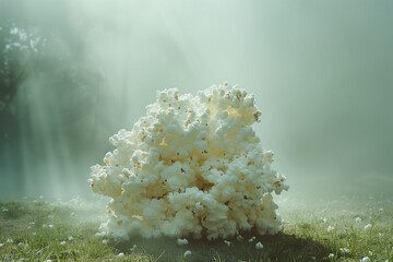 A fluffy cloud-shaped popcorn sculpture resting on a dewy, green lawn, enveloped in ethereal morning mist, blending nature with a touch of surreal fantasy.
