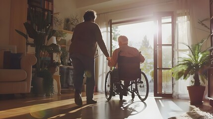 Young caregiver assisting senior man in wheelchair walking indoors - Home health care service and physiotherapy concept