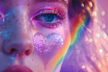 A portrait of a woman with a delicate violet heart drawn on her cheek, gently touched by a vibrant rainbow, symbolizing love, diversity, and unity in a single frame.