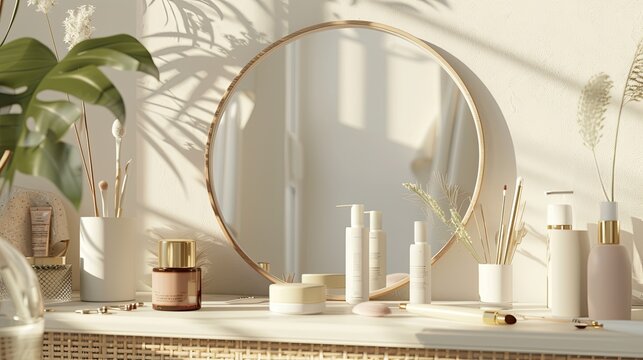 A vanity table with a round mirror, various cosmetics, and a white vase with dried flowers. Generative AI
