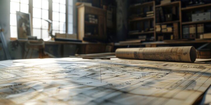 Macro photography Concept of construction and design blueprints table draft work shop - Powered by Adobe