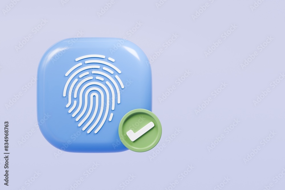 Poster 3d protection fingerprint authorization with check mark icon isolated on blue background. biometric 