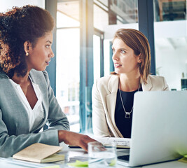 Fototapeta premium Laptop, meeting and business women for consulting, talking and discussion for online proposal. Corporate, financial advisor and people on computer for planning, website and feedback report in office