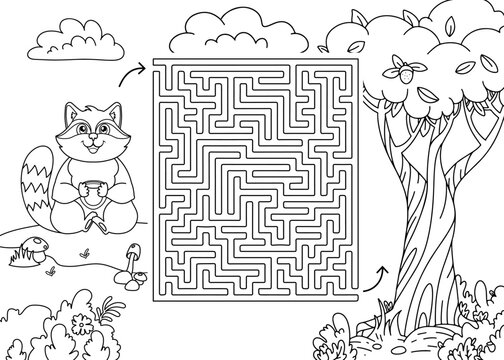 Children's maze coloring book. Raccoon with mug and tree in forest line illustration. Puzzle.
