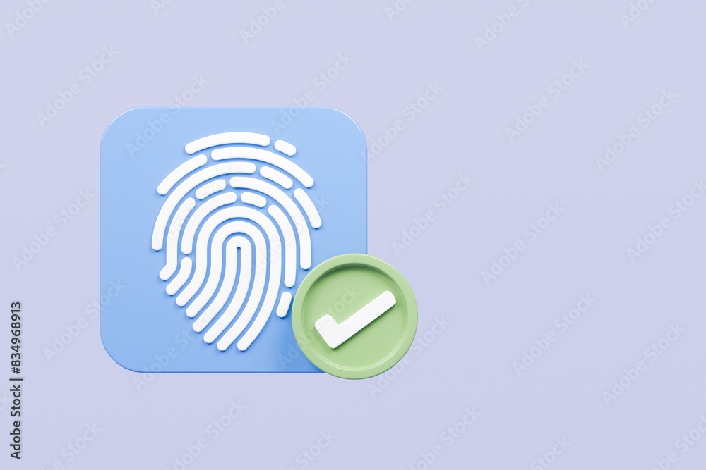 Poster 3d protection fingerprint authorization with check mark icon isolated on blue background. biometric 