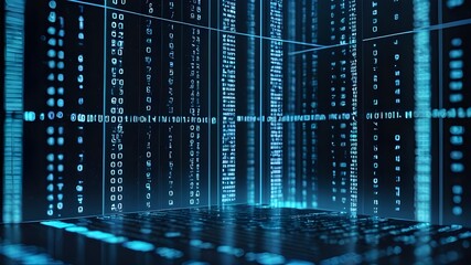 Obraz premium Blue digital binary data on computer screen background