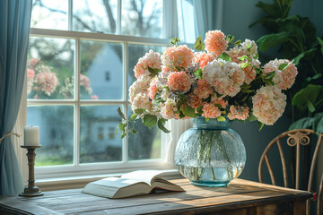 A well-lit, serene workspace featuring a desk with a planner, a laptop, and a vase of fresh flowers, exuding a calm and focused atmosphere.