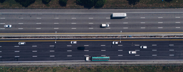 Top view of the highway car road. Aerial view of motorway junction, toll way, road traffic, Highway...