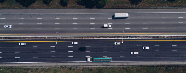Top view of the highway car road. Aerial view of motorway junction, toll way, road traffic, Highway...