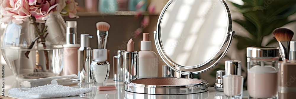 Poster a close-up of a vanity tabletop with a mirror and various cosmetic products, arranged neatly and ele