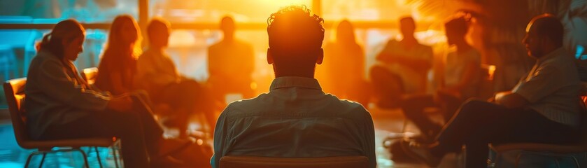 A psychologist leading a group therapy session with diverse participants selective focus, group therapy theme, ethereal, overlay, group room backdrop