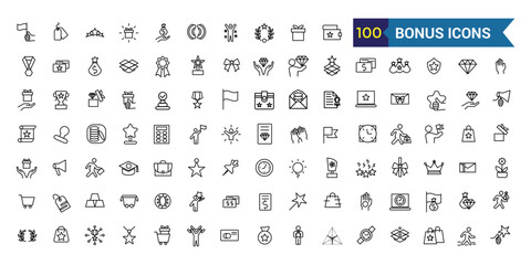 Bonus icons set. Outline set of bonus vector icons for ui design. Outline icon collection. Editable stroke.