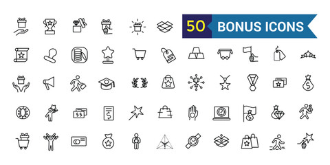 Bonus icons set. Outline set of bonus vector icons for ui design. Outline icon collection. Editable stroke.