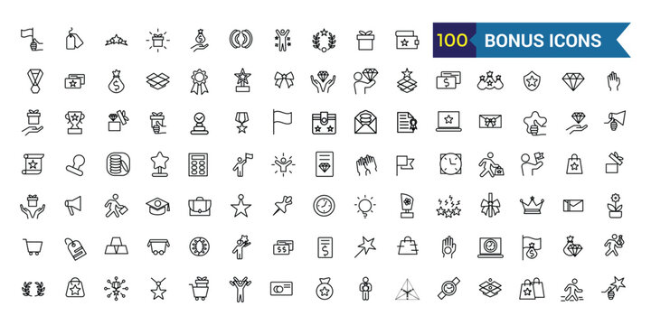 Bonus icons set. Outline set of bonus vector icons for ui design. Outline icon collection. Editable stroke.