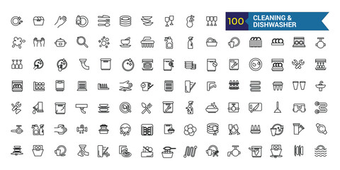 Cleaning and dishwasher icons set. Outline set of repair dishwasher vector icons for ui design. Outline icon collection. Editable stroke.