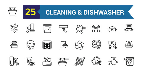 Cleaning and dishwasher icons set. Outline set of repair dishwasher vector icons for ui design. Outline icon collection. Editable stroke.