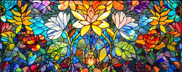 Stained glass window with a floral pattern.