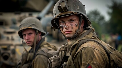 Fototapeta premium Two soldiers, dressed in military gear, look out from behind a tank.