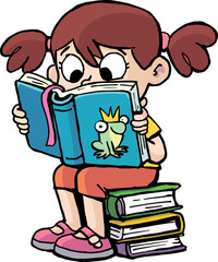 girl is sitting on the books and reading a book