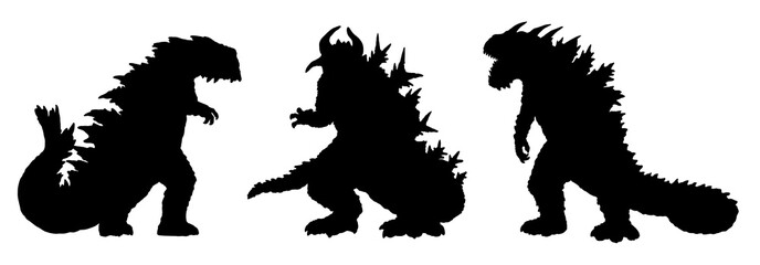 Black silhouette of gigantic dinosaur-like monster. Kaiju contour drawing.