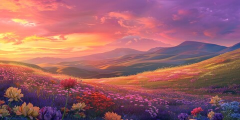 The image shows a beautiful landscape with a meadow of flowers in the foreground and a mountain range in the background. The sky is a gradient of purple, pink, yellow and orange.