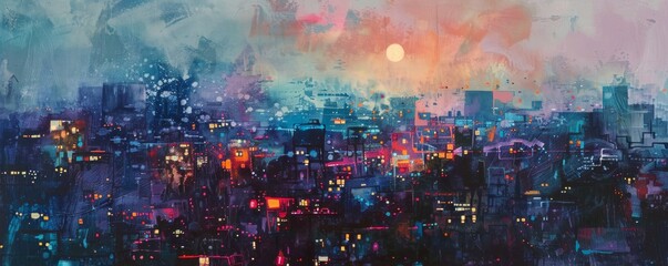 The painting is of a cityscape at night