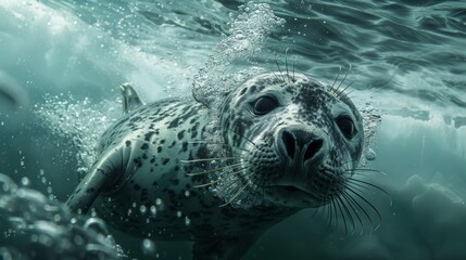 Fototapeta premium Leopard seal beneath the ice, bubbles rising, Arctic underwater exploration