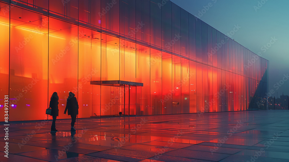 Aufkleber a modern building with a glass facade. the glass reflects the red light of the sky, creating a stunn