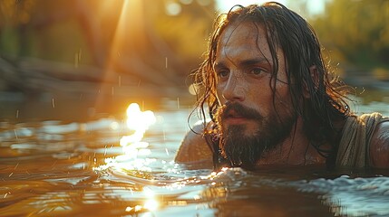 A serene depiction of Jesus Christ being baptized.