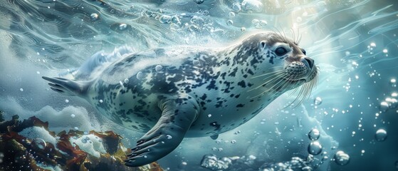 Leopard seal gliding beneath the ice, bubbles rising, tranquil underwater Arctic environment