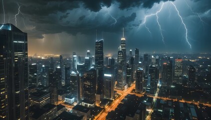 thunderstorm with lightning over night city
