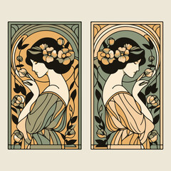 Classic two side women wearing rose crowns in the frame