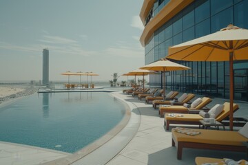 Fototapeta premium Close friends in a skyscraper pool happy living edge luxury vacation city panorama sights modern hotel relaxation sunset evening urban city skyline business tower view warm water having fun together