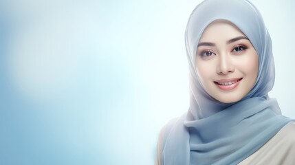 A beautiful Indonesian woman wearing a light blue hijab smiles against a soft blue background