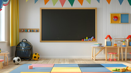An empty blackboard on the wall in a kindergarten classroom with a school bag and a football, white background. 3D rendering style illustration