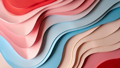 Multi layers paper cut texture background with wavy lines. Geometric paper carve background. Pastel pink, blue, red colors