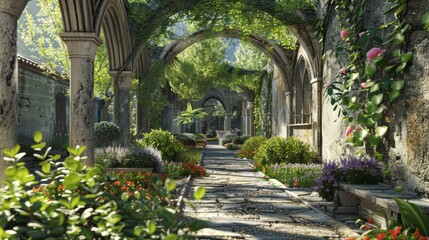 Fototapeta premium High-definition 3D render of an ancient monastery garden, with medicinal herbs, cloistered walkways, and a peaceful ambiance. --ar 16:9 Job ID: 9dce57ab-6157-43c3-b19d-c65304b0a5fe