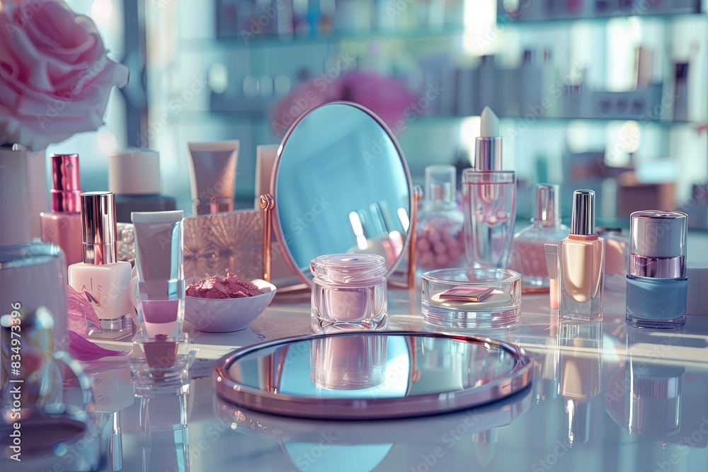 Poster a close-up shot of a vanity table with a tabletop mirror and various cosmetic products. generative a