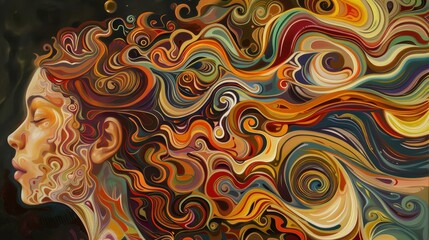 Abstract artistic portrait of a woman with flowing, colorful hair in swirling patterns, symbolizing creativity and imagination.